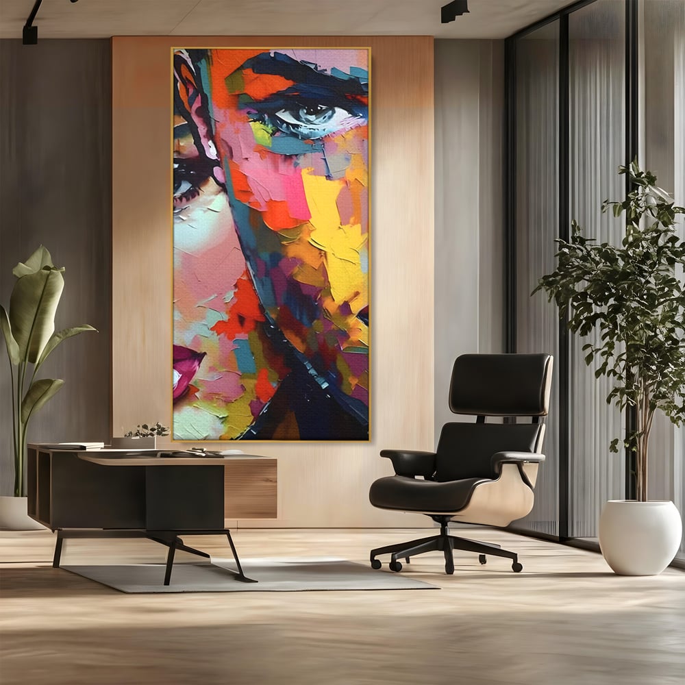 Tablou canvas cu tablou canvas cu chipuri in culori vibrante, in rama de aluminiu auriu, pe perete intr-un birou